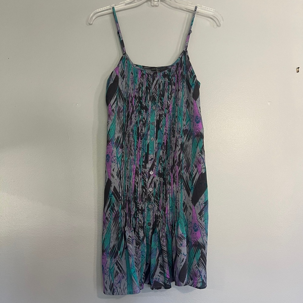 Forever 21 Abstract Print Pintuck Button Front Cami Dress Teal Purple Size small